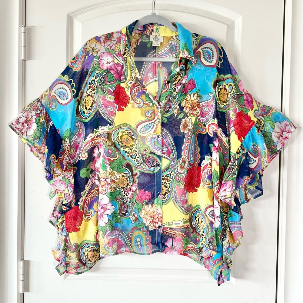 Turquoise Haven Brighly colored sheer button down blouse with ruffles